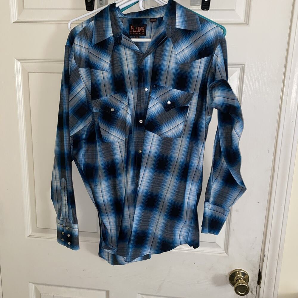 Plains Western Wear Shirt Men M Blue Plaid Pearl Snap Short Sleeve Cowboy Rodeo